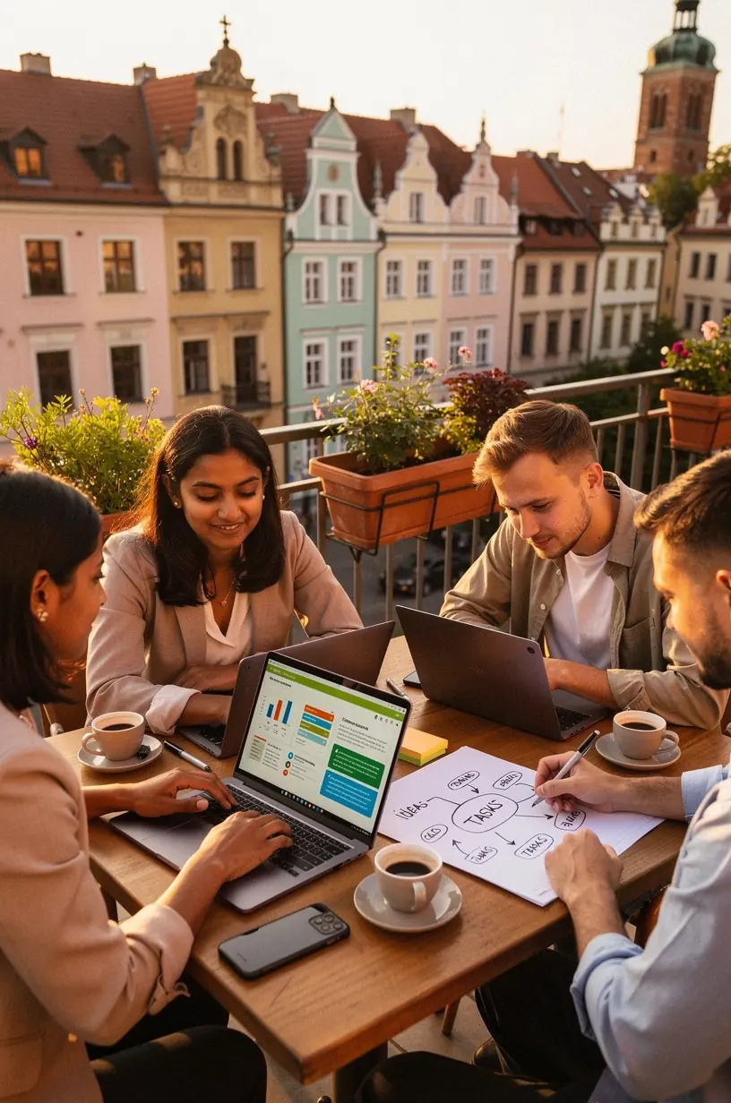 Kobieta korzystająca z laptopa, analizująca listę priorytetów w pracy